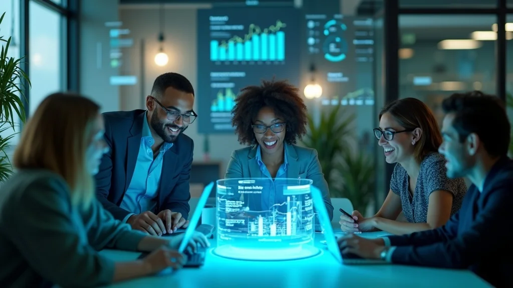 marketing and content - Business team using digital marketing tools in a modern office, diverse group around laptops and digital screens, with dynamic charts and holographic displays, cool blue and green tones, photorealistic, glass walls, lush plants