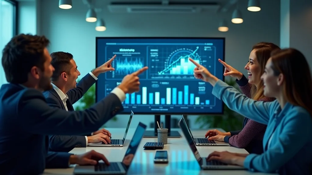 business team celebrating improved answer engine metrics for ai seo content first marketing, digital dashboard showing rising visibility