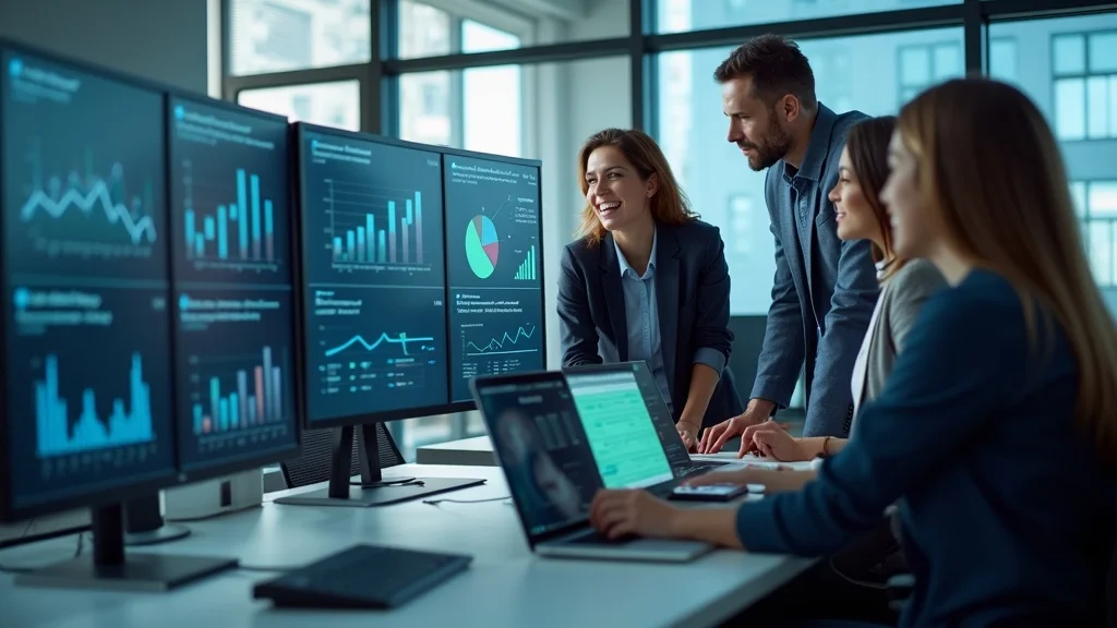 AI visibility - Modern business team collaborating in a bright tech office, viewing digital analytics, digital dashboards, and data visualizations in a sleek workspace