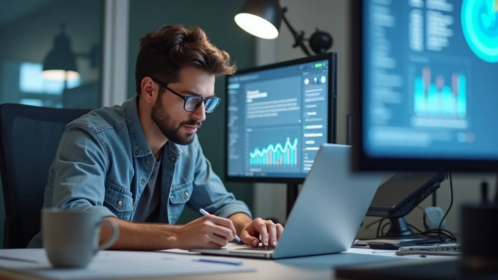 content creator working on AI optimized content surrounded by AI tools and answer engine metrics, focused on laptop