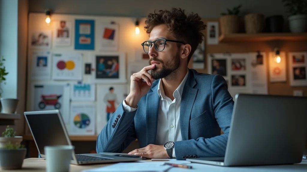 Brand signals for AI visibility - Confident business owner refining brand elements on a digital screen with mood boards and brand visuals