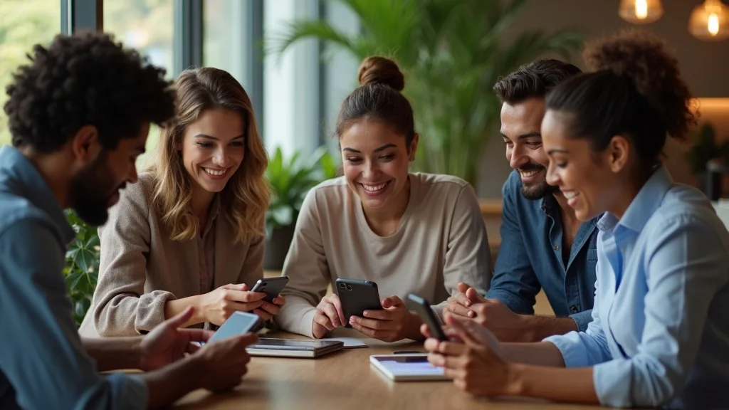 AI search visibility - Diverse group of professionals sharing positive reviews on digital devices with visible star ratings and approval gestures