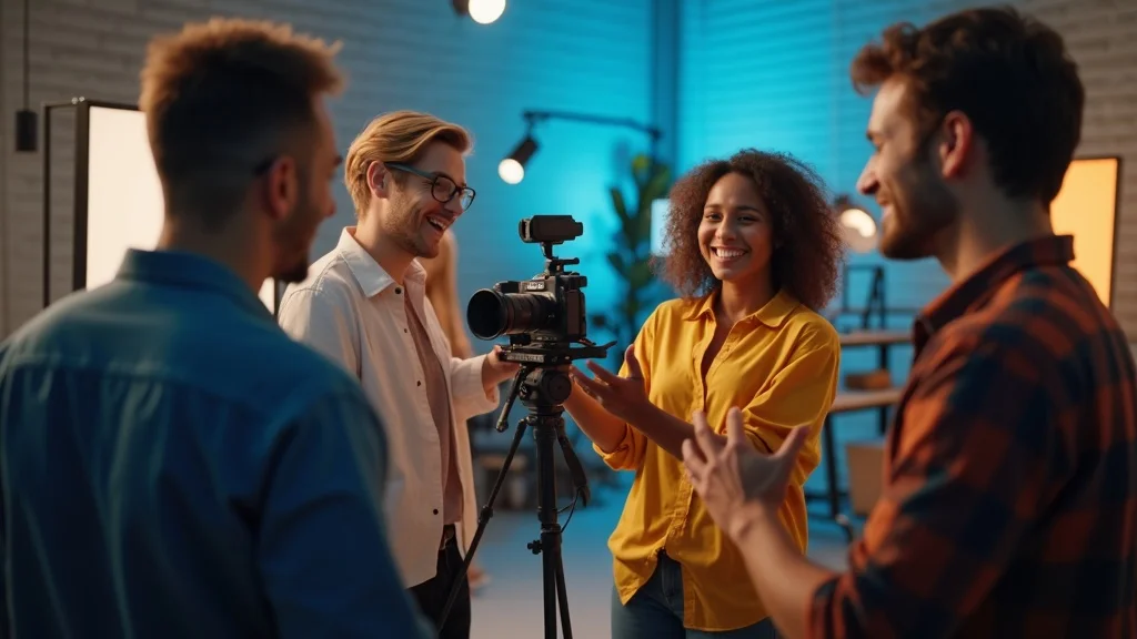 Diverse marketing team filming an explainer video to enhance lead generation and audience engagement in digital marketing strategies.