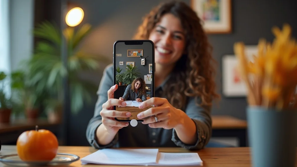 Excited marketer recording short-form video for social media platforms, reaching new audiences with the 'For You' algorithm in digital marketing.