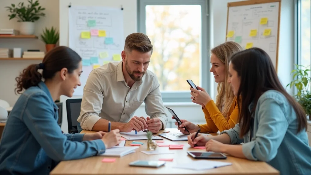 modern team collaborating on AI SEO content first marketing strategy with digital boards, mapping AI overview and social media tactics
