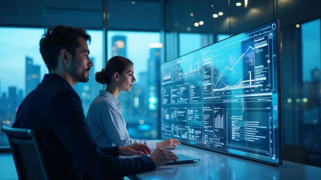 ai seo content first marketing team collaborating in a high-tech office, focused on AI search analytics, transparent displays showing answer engine optimization