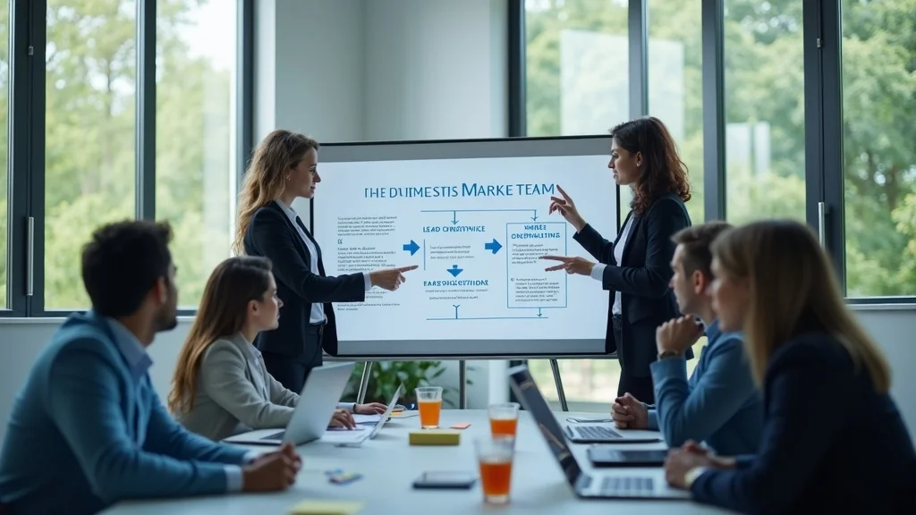 Professional digital marketing team in a modern office collaborating on the three lead generation algorithms, with a focus on search, followers, and For You strategies for effective digital marketing.