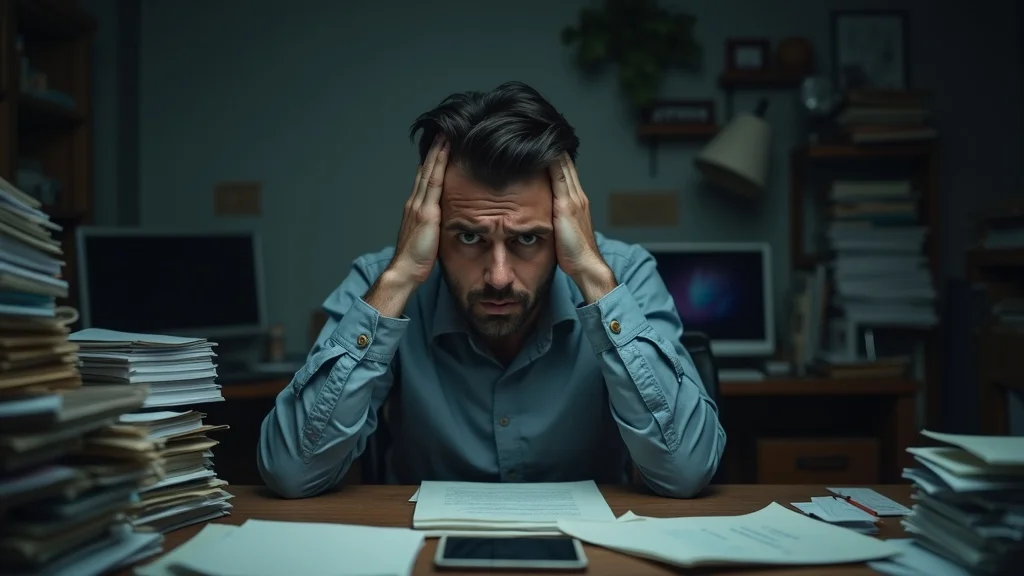 Frustrated marketer overwhelmed at desk, showing the impact of random lead generation strategies in digital marketing.