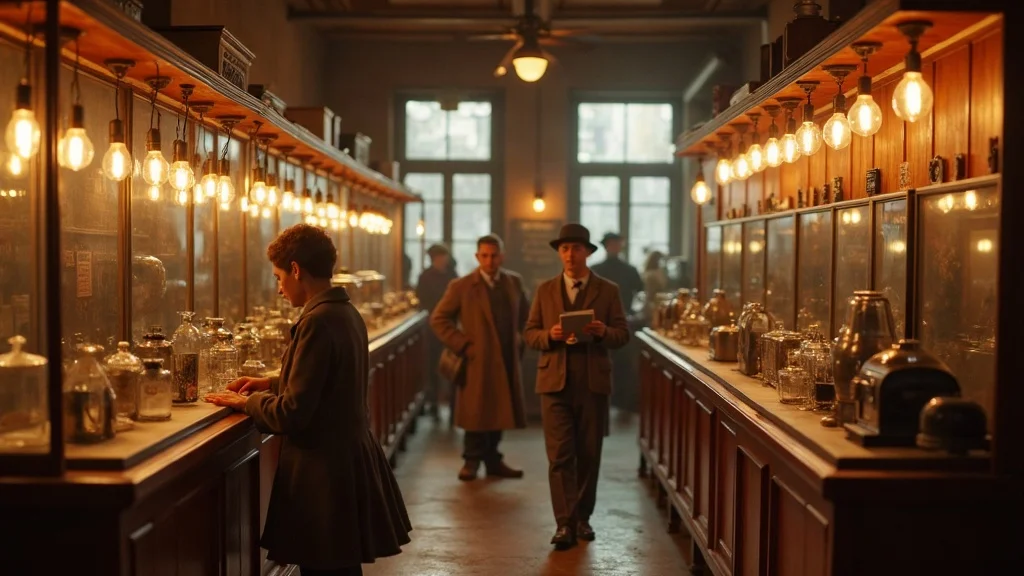 Early 20th century showroom with shoppers exploring electric appliances, symbolizing how technology innovation revolutionizes digital marketing and customer experience