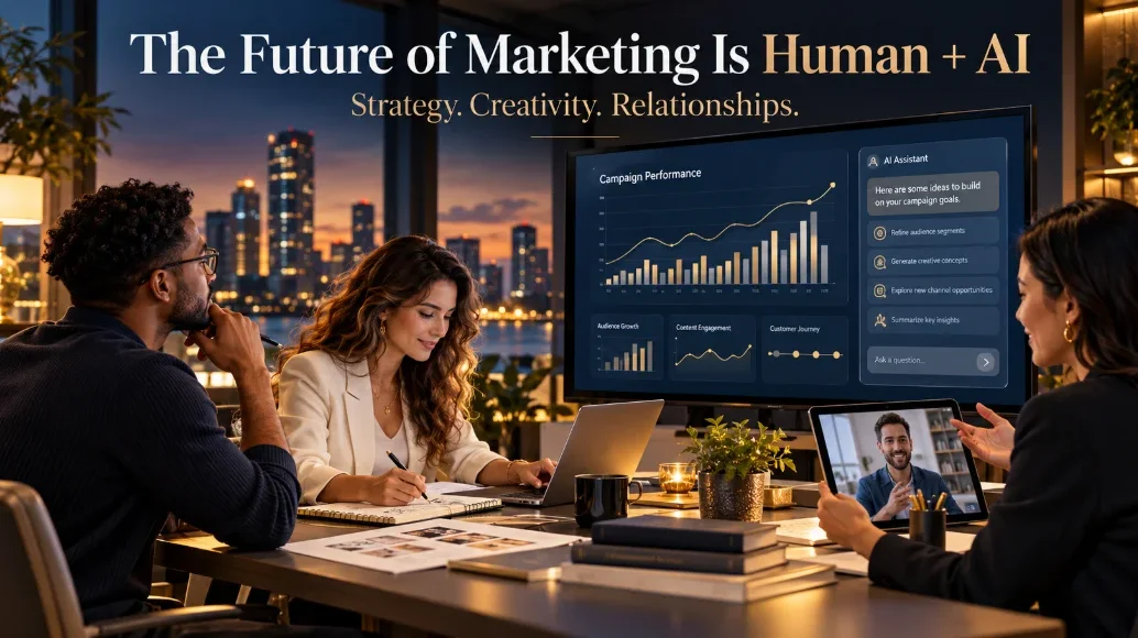 Futuristic team strategizing digital marketing with AI integrations—ai revolution for online marketing