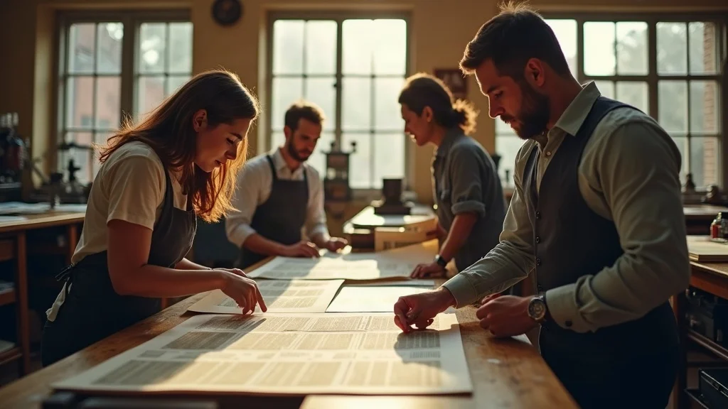 Classic-meets-modern bustling print shop, people collaborating with historic printing presses for content creation — ai revolution for online marketing