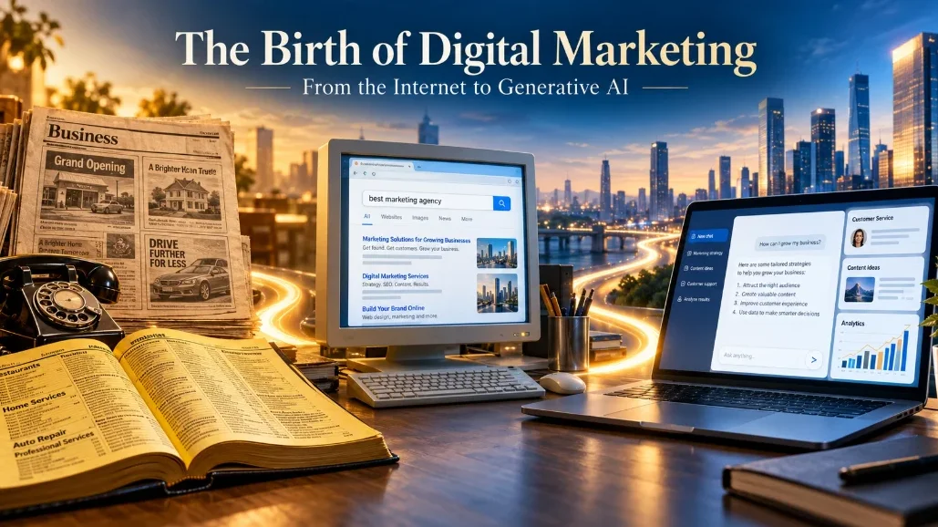 Modern workspace with digital marketers using AI-powered tools — ai revolution for online marketing, customer experience, and content creation