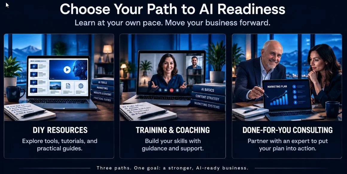 Small business owner working with a digital mentor—learning AI for online marketing success