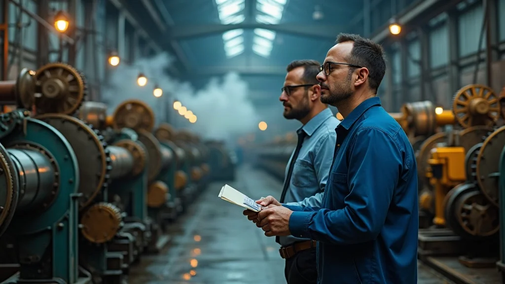 Dynamic industrial workspace with engineers analyzing machines, highlighting the evolution of business with ai tools in digital marketing